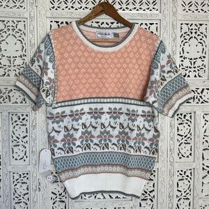 Vintage NWT Headstock Peachy Pink Floral Geometric Fair Isle Sweater Sz Medium